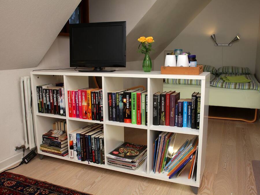 Una habitación con una estantería blanca llena de libros, un televisor encima y un pequeño florero verde con flores.