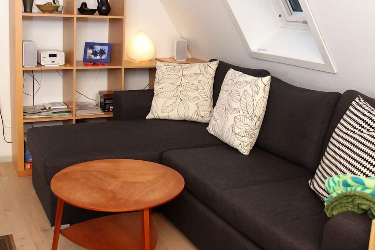 Una sala de estar moderna con techo inclinado, una estantería empotrada, un sofá oscuro, una mesa de centro redonda de madera y un tragaluz.