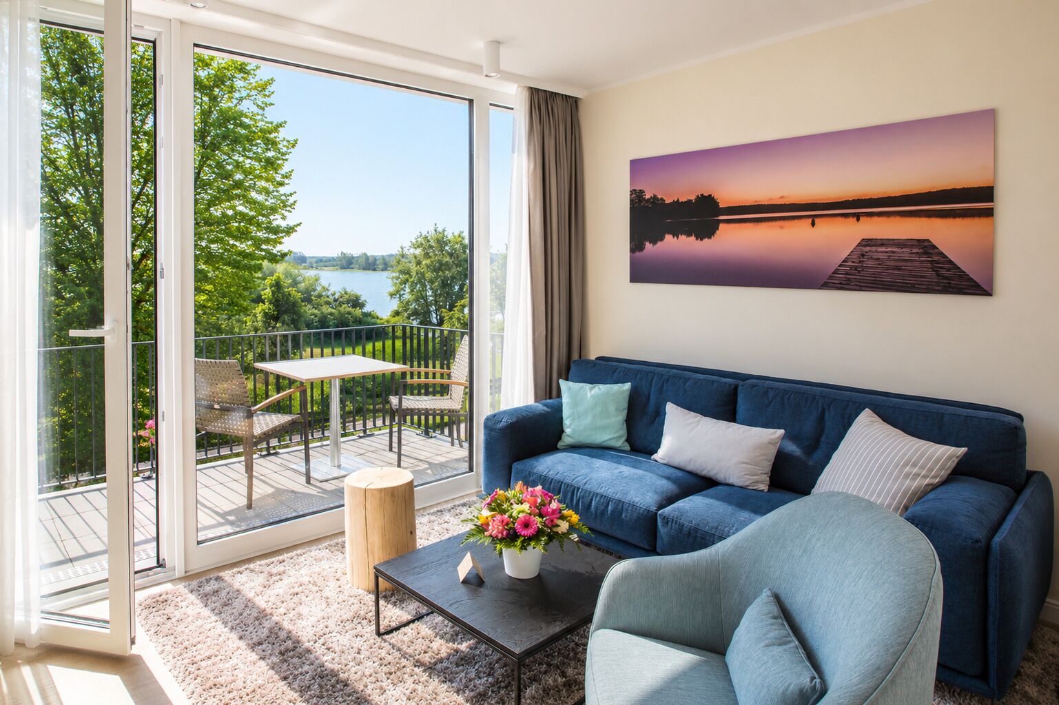 Een woonkamer met een blauwe bank, een bijzettafeltje met een bloevas, een schilderij van een zonsondergang, en een balkon met een tafel en stoelen met uitzicht op een meer.