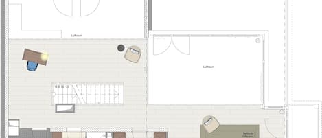 A hotel floor plan with a lounge area, a seating area, a bathroom, and a bedroom.