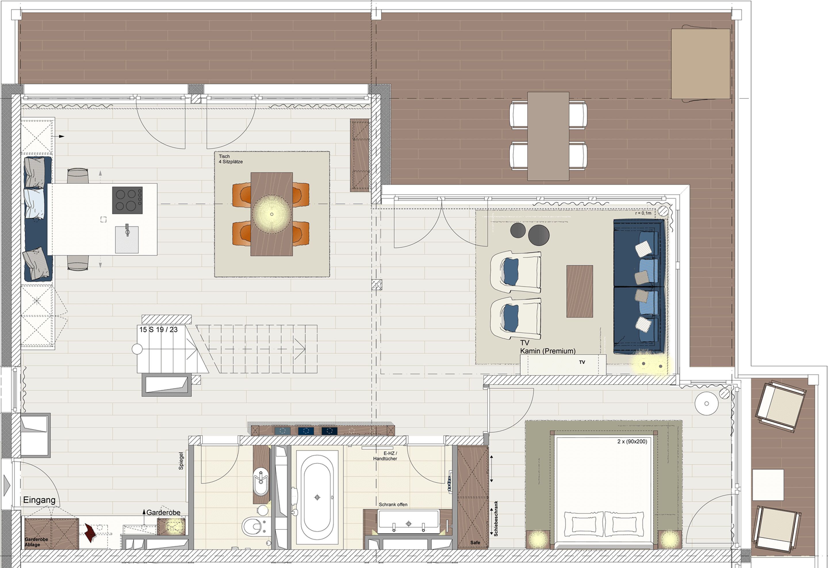 Un plan d’étage d’hôtel comprenant un espace repas, une salle de télévision, deux salles de bains, une cuisine et un espace jardin.