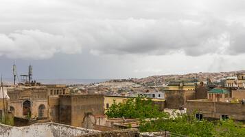 Paisagem urbana com edifícios históricos, uma vista distante do mar e um céu nublado.