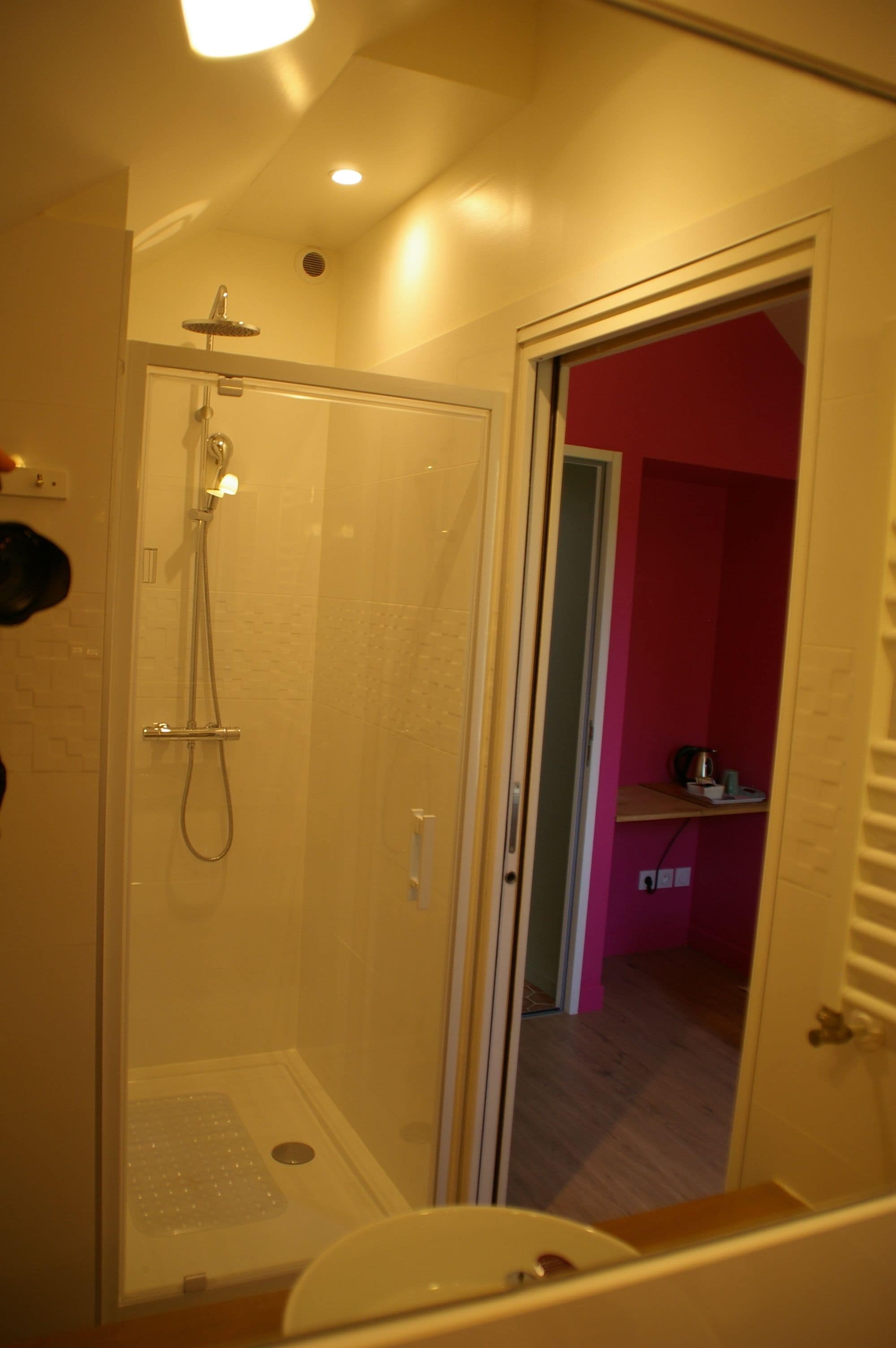 A glass-enclosed shower with a handheld showerhead and a wall-mounted faucet.