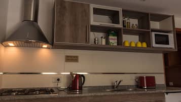 Full-sized fridge, microwave, stovetop, coffee/tea maker