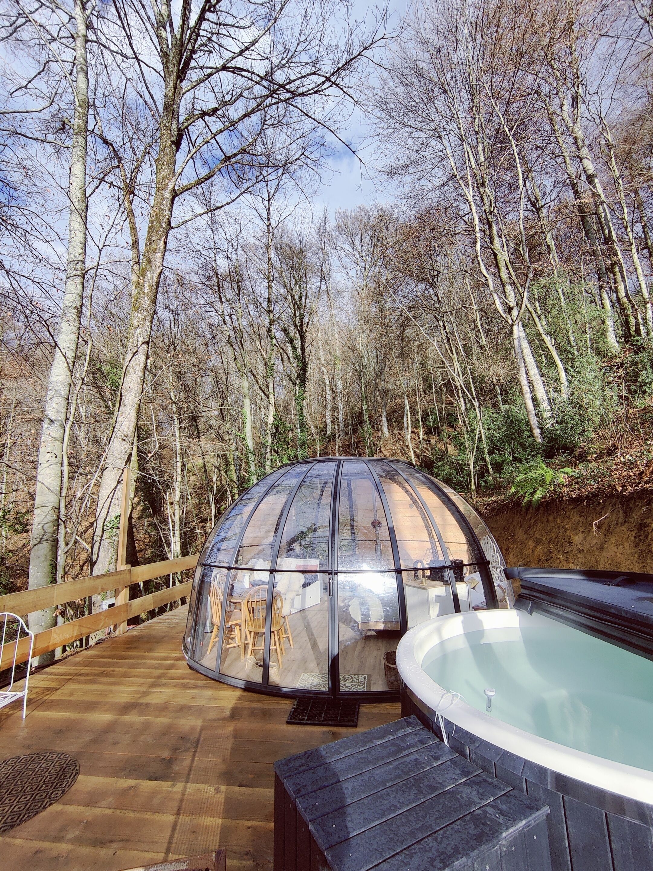 Estructura abovedada transparente con jacuzzi y terraza de madera, rodeada de árboles.