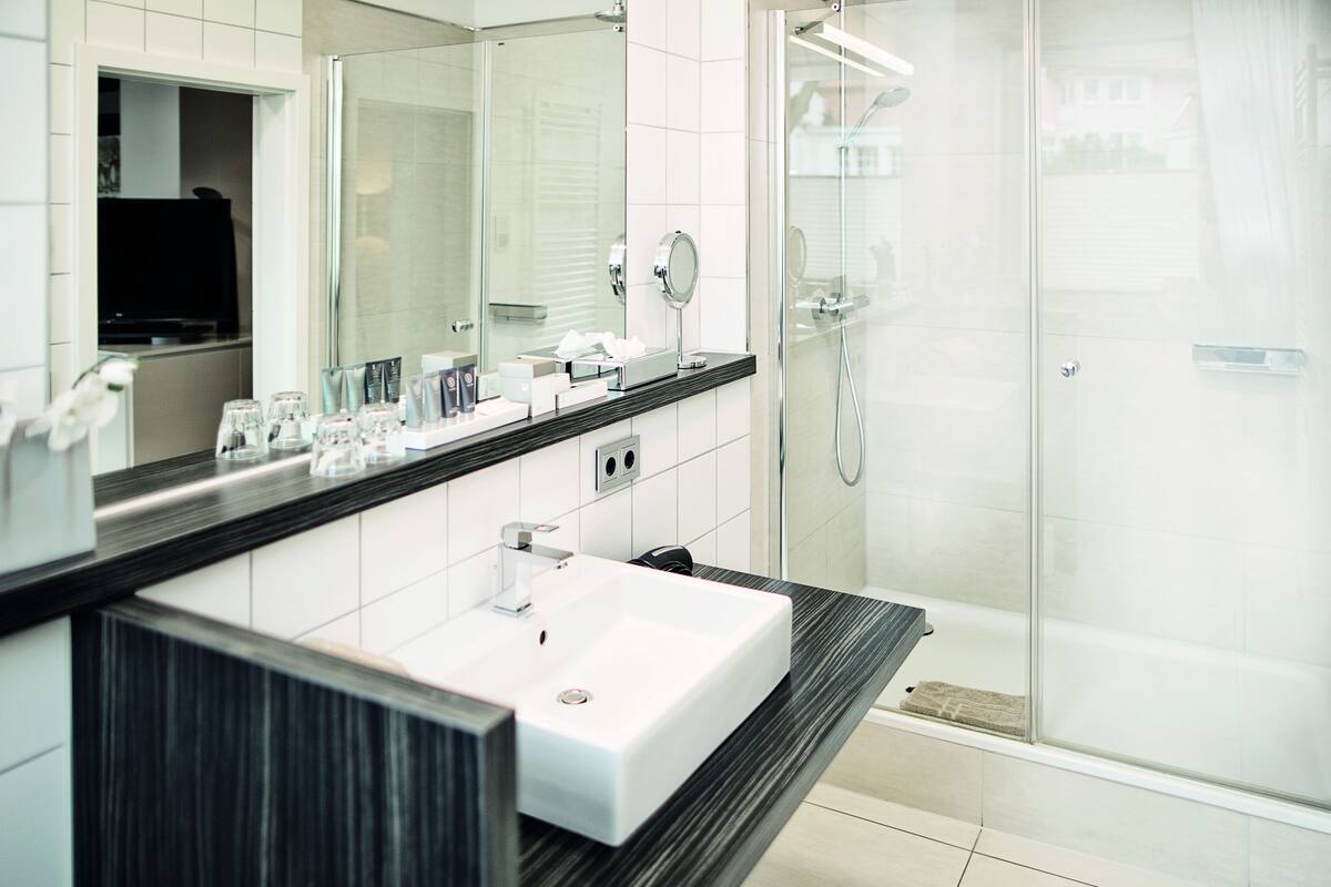 free toiletries, hair dryer, slippers, towels