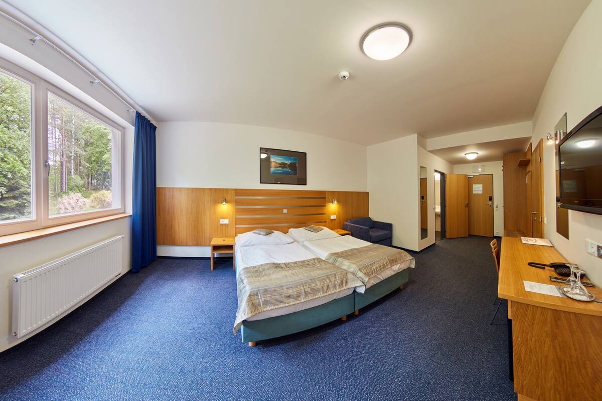 A hotel room with a bed, a desk, a chair, a TV, and a window with curtains.