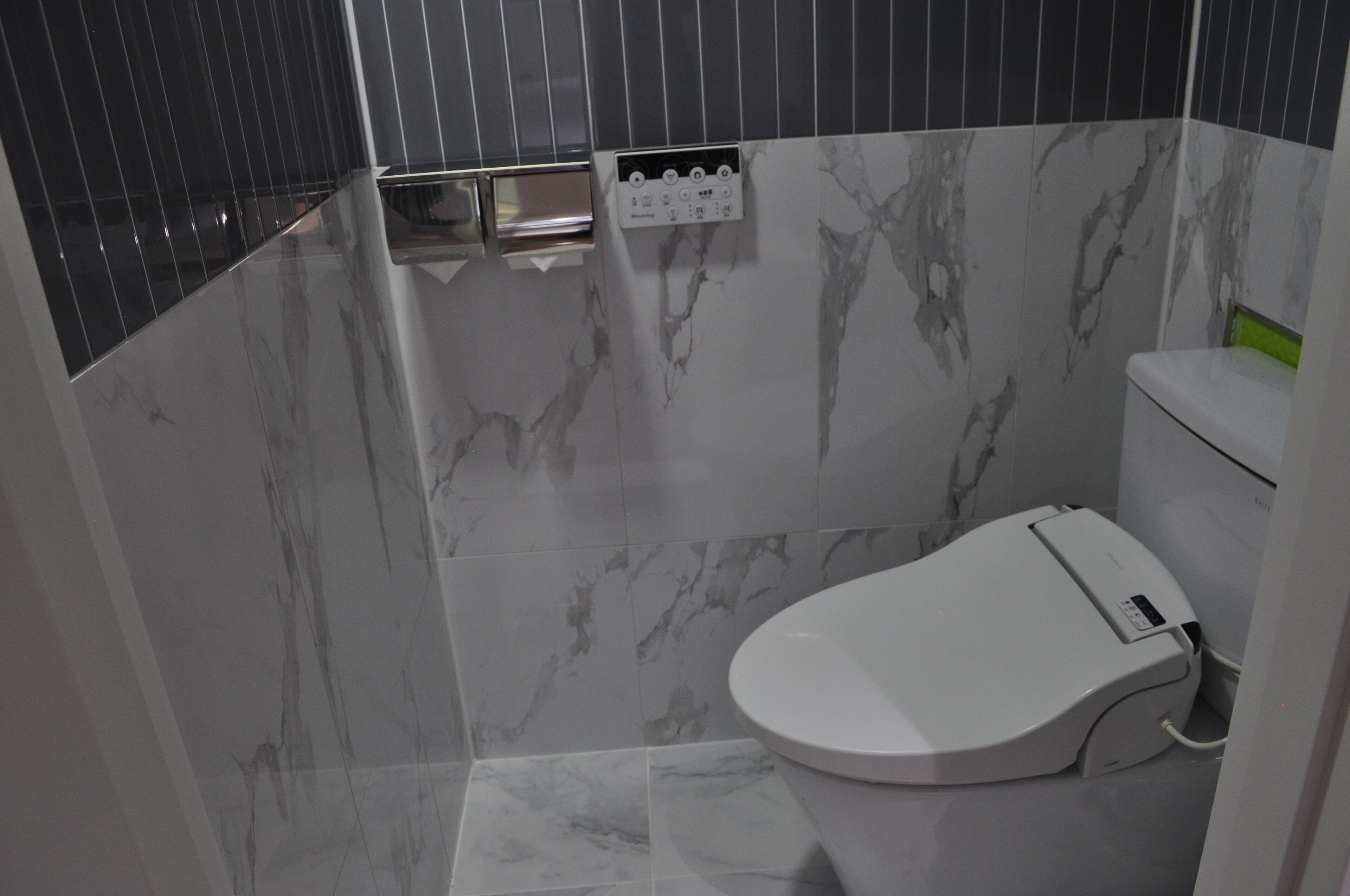 A modern bathroom with a toilet, a shower area, and a control panel on the wall.