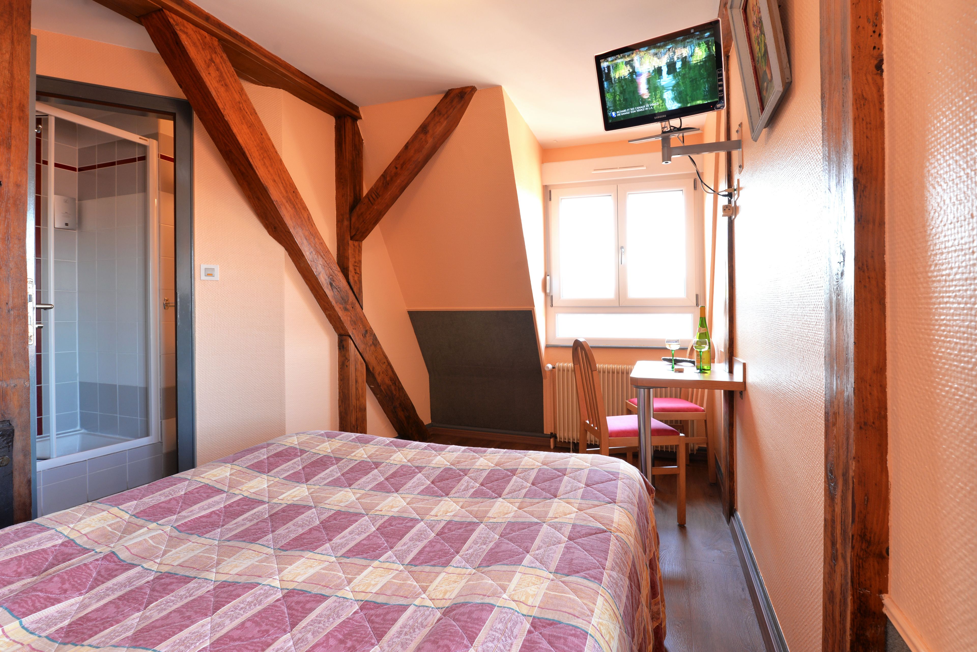 Un dormitorio con una cama, un escritorio y un televisor.