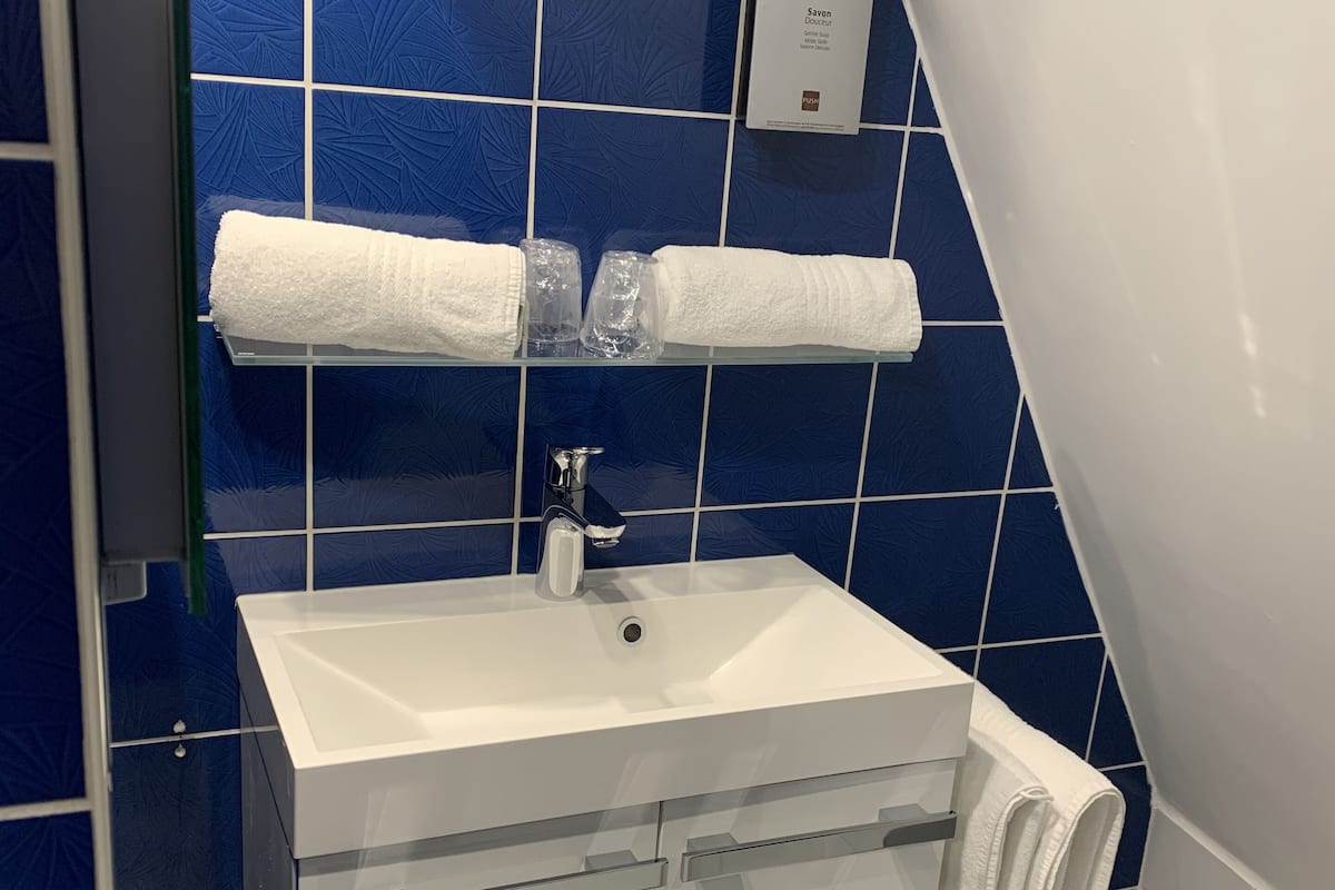 standard room | bathroom | shower, hair dryer, towels