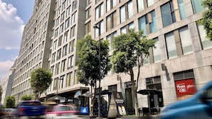 Un edificio moderno con una fachada de ventanas enrejada y un árbol en primer plano.