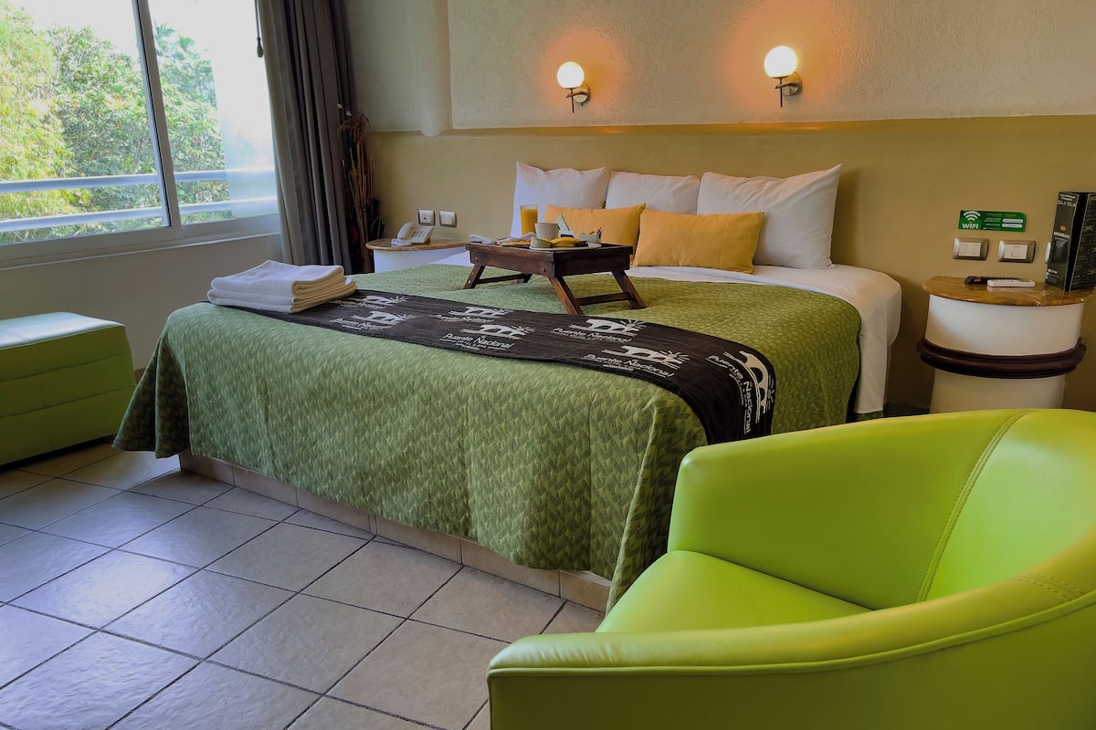 A hotel room with a bed, a bedside table, a chair, and a view of greenery outside.