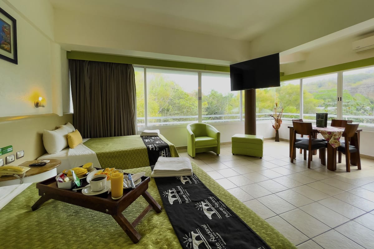 A hotel room with a bed, a green armchair, a dining table with chairs, a TV, and a view of trees through large windows.