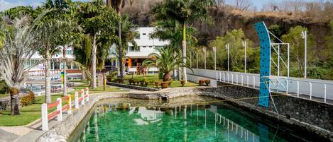 A swimming pool with a bridge, palm trees, and a building in the background.