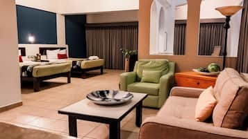 Premium Suite, Bathtub, Pool View | Living area | 32-inch flat-screen TV with cable channels, TV, table tennis