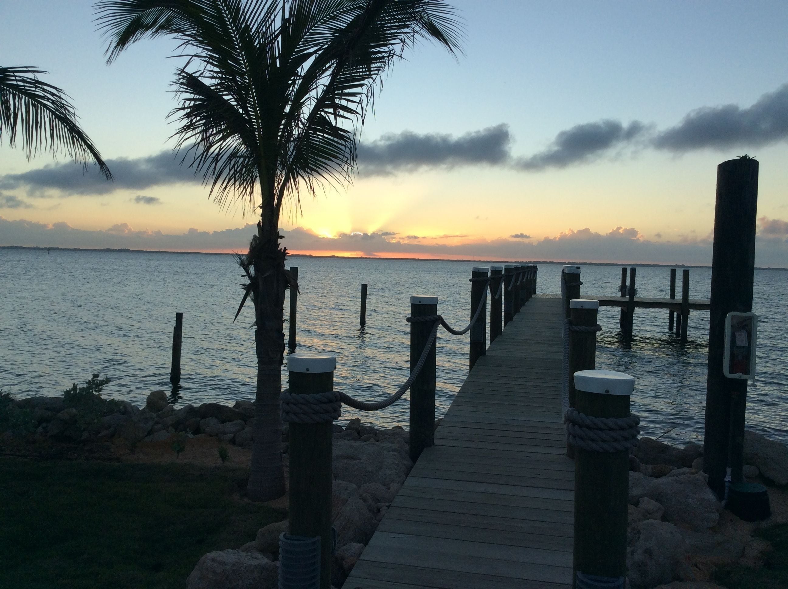 Un muelle de madera que se adentra en aguas tranquilas, con una palmera a la izquierda y un atardecer de fondo.
