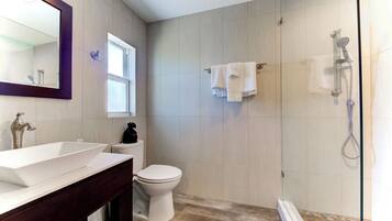 Une salle de bain moderne avec un grand miroir, un lavabo blanc, des toilettes et un espace douche.