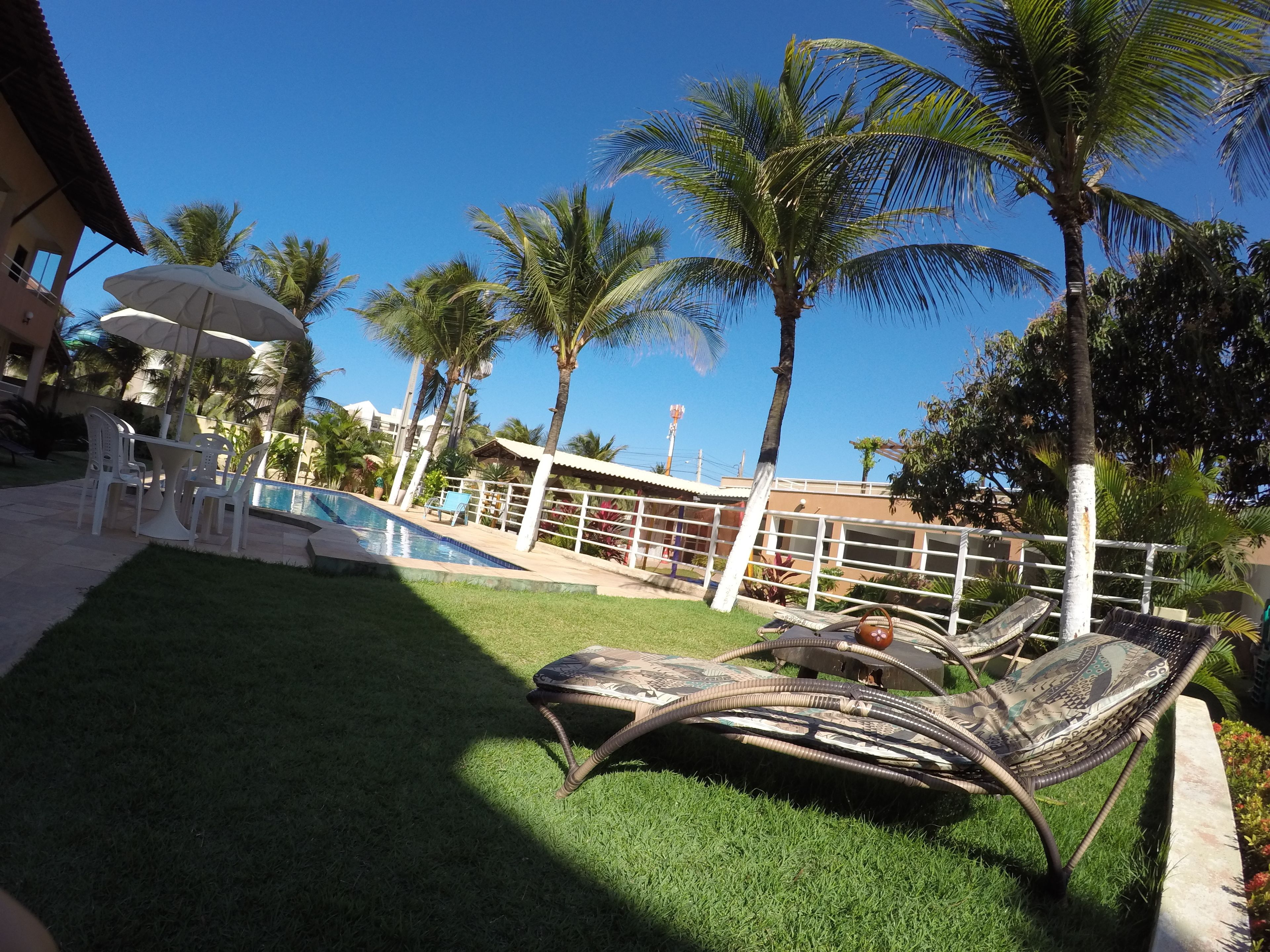 A poolside area with lounge chairs, a small pool, and palm trees.