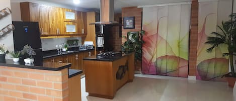 Family Apartment, 3 Bedrooms | Private kitchen | Coffee/tea maker, full-size fridge, microwave, cookware/dishes/utensils