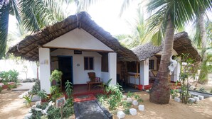 A small, single-story house with a thatched roof, surrounded by palm trees and plants.