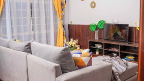Una sala moderna con un sofá gris, suelo de madera, un televisor y objetos decorativos.