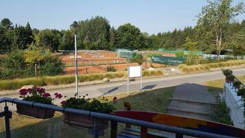 Ein Tennisplatz mit Netz, umgeben von Bäumen und einer Straße.