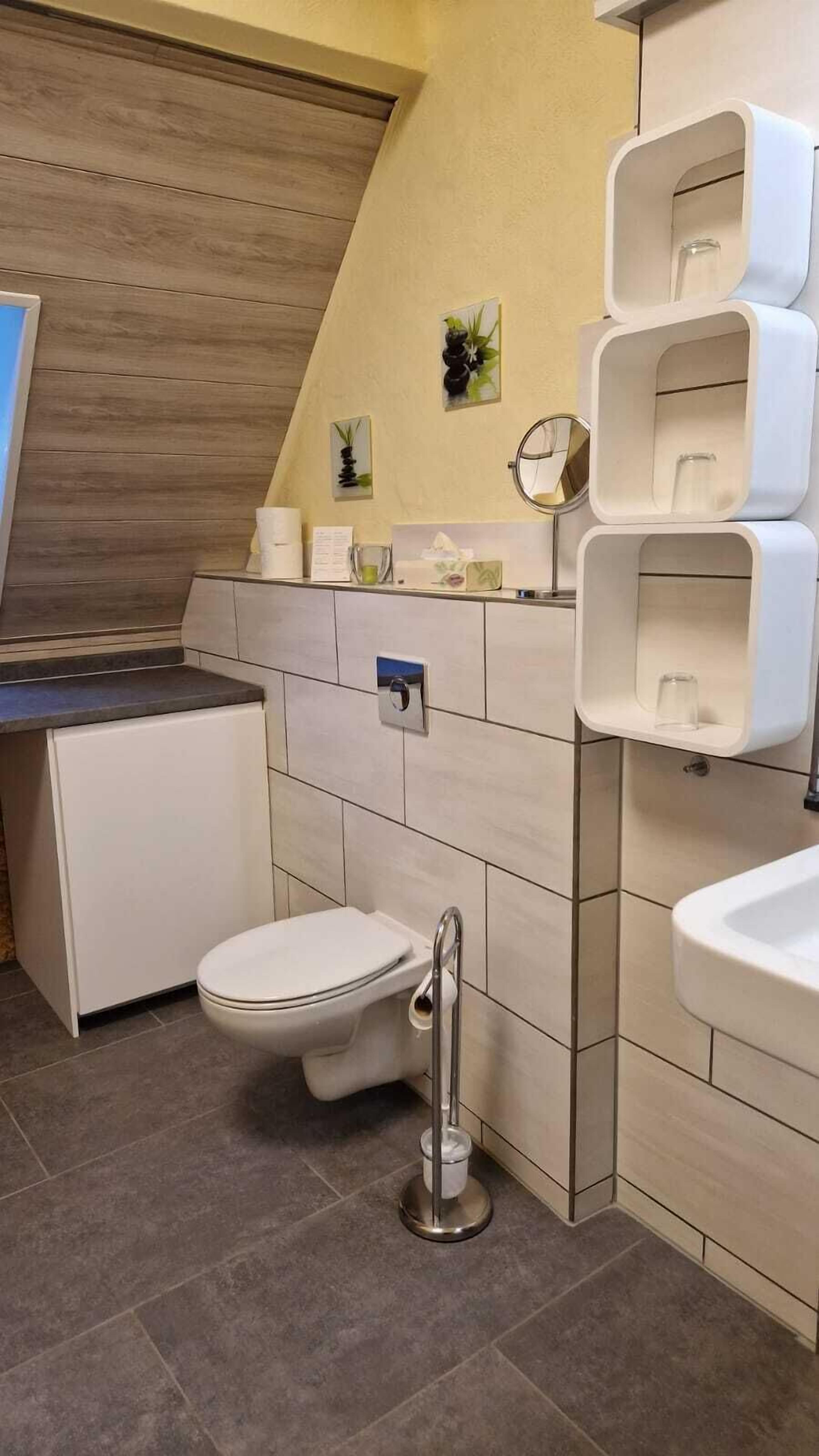 Un bagno moderno con il water, un lavandino e scaffali contenitori.