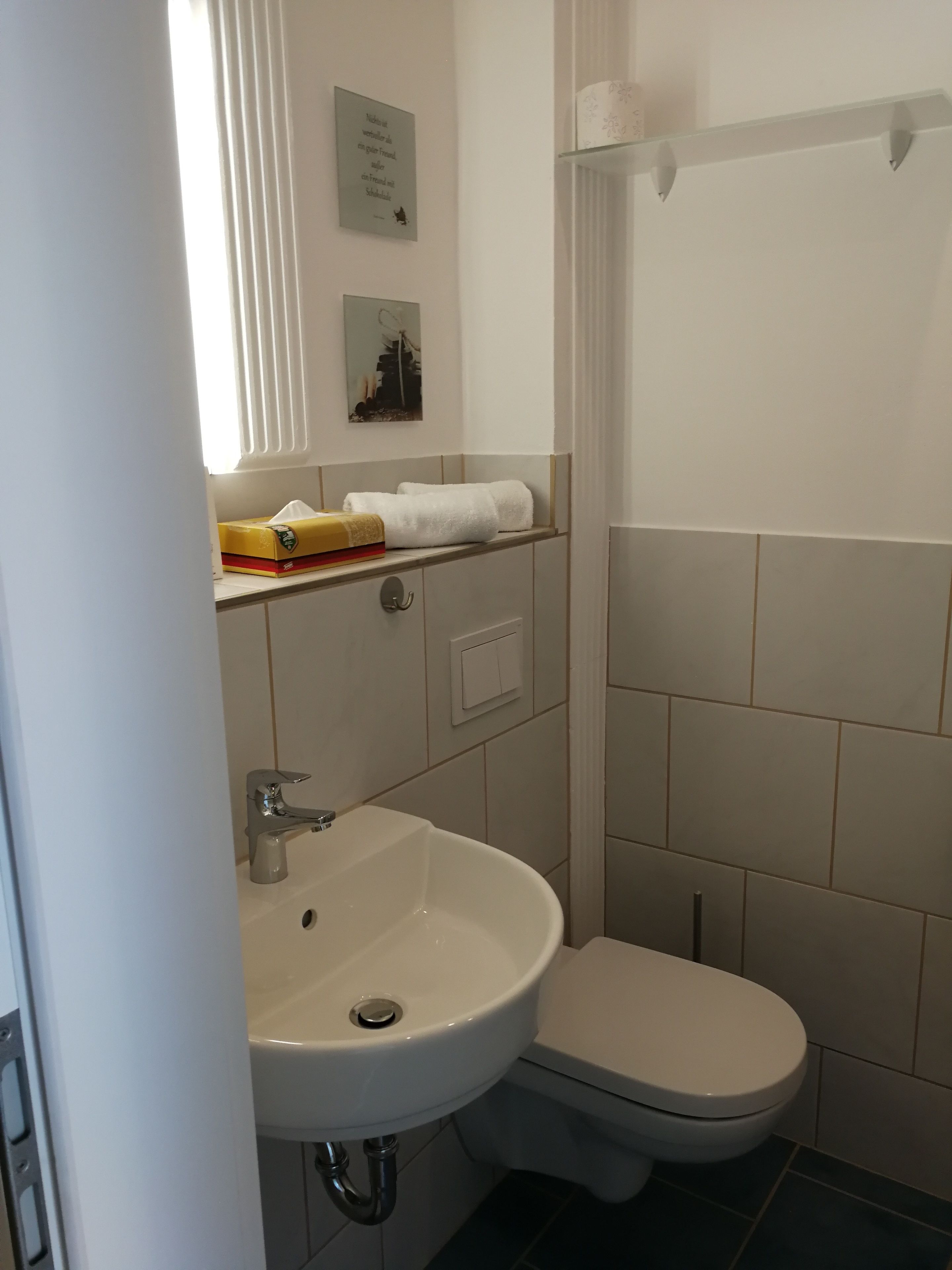 A bathroom with a white sink, toilet, and shower. There is a towel rack above the sink and a small shelf with a tissue box and a book.