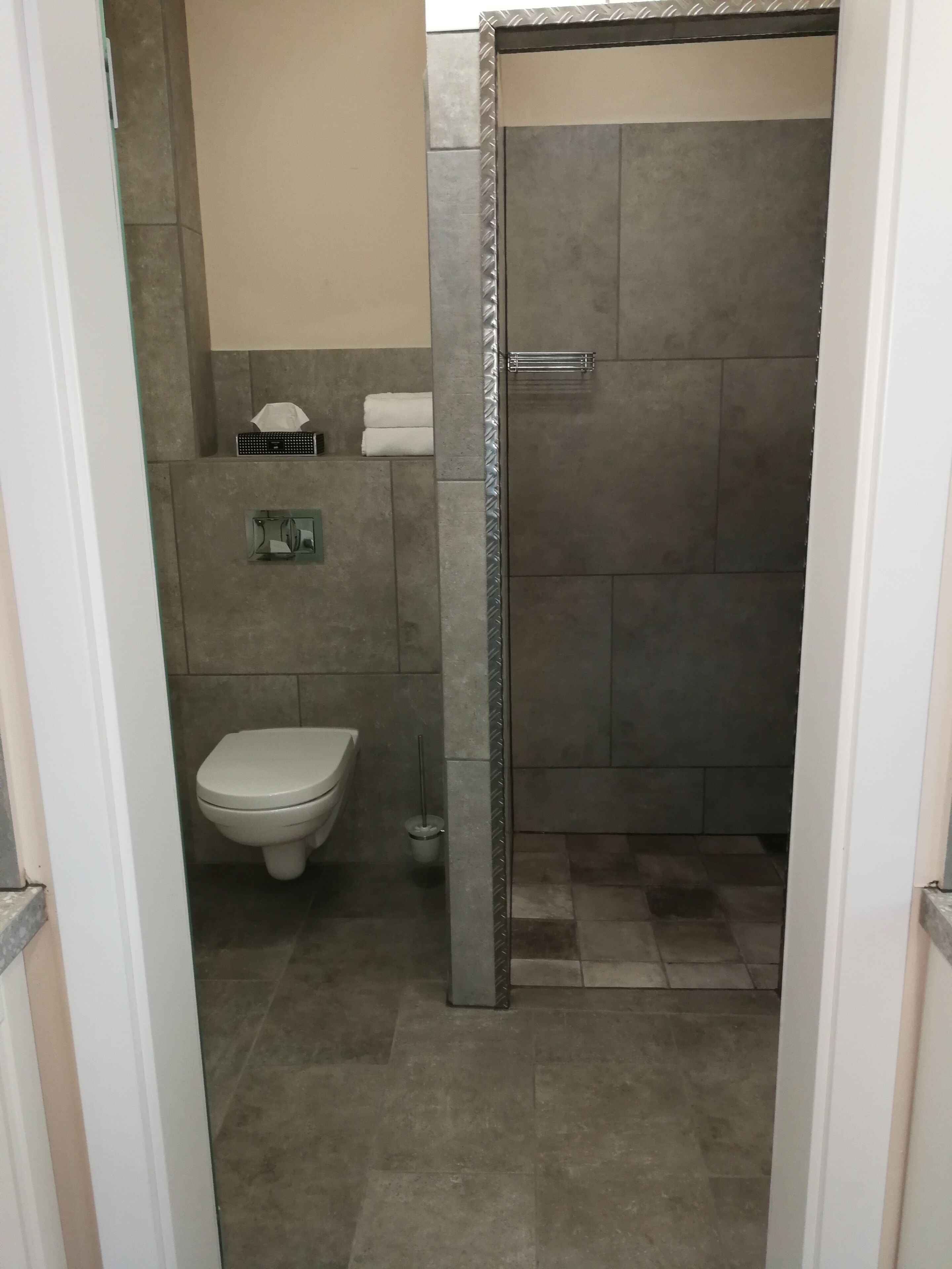 A bathroom with a toilet, a shower area, and a towel rack.