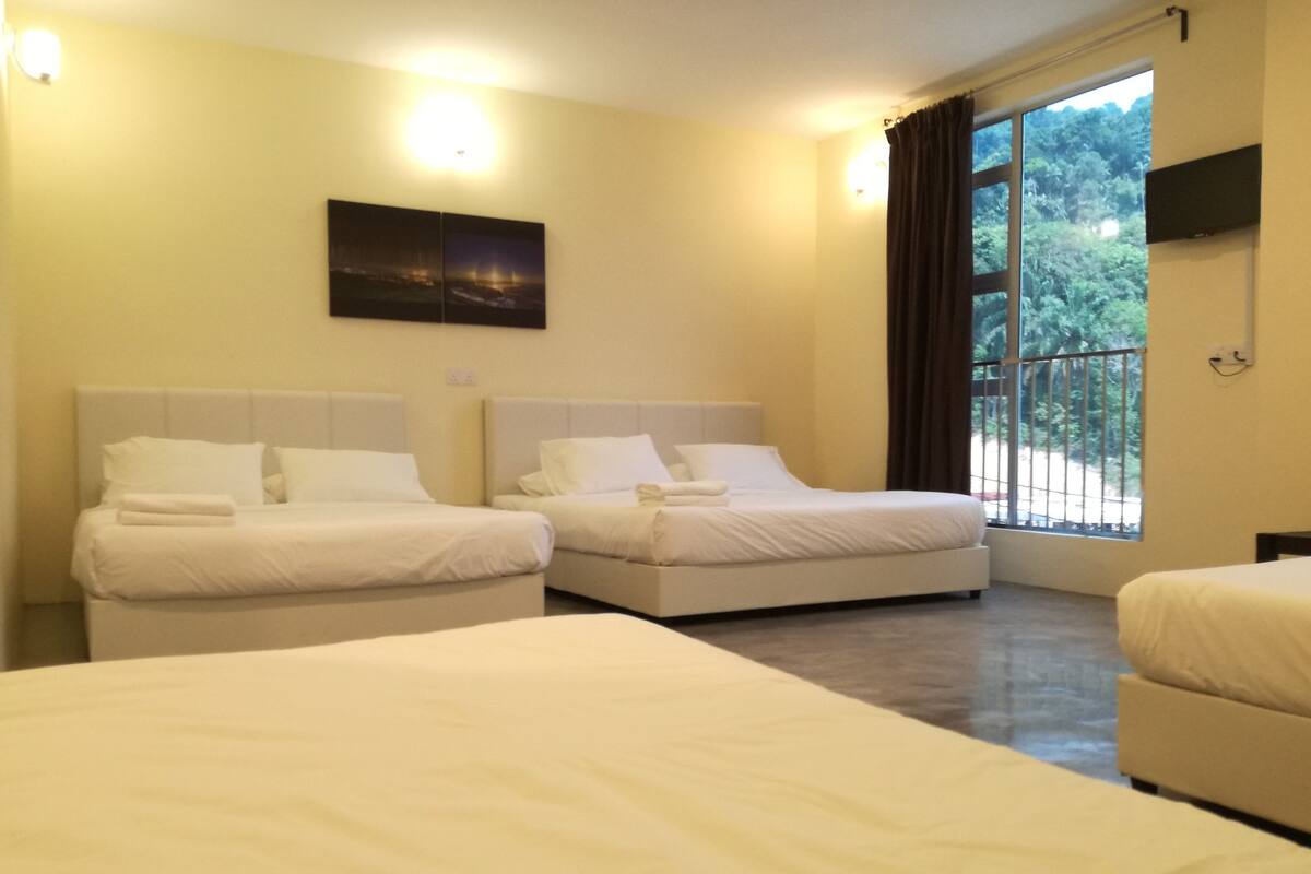 A hotel room with two beds, a large window with a view of greenery, and a flat-screen TV mounted on the wall.