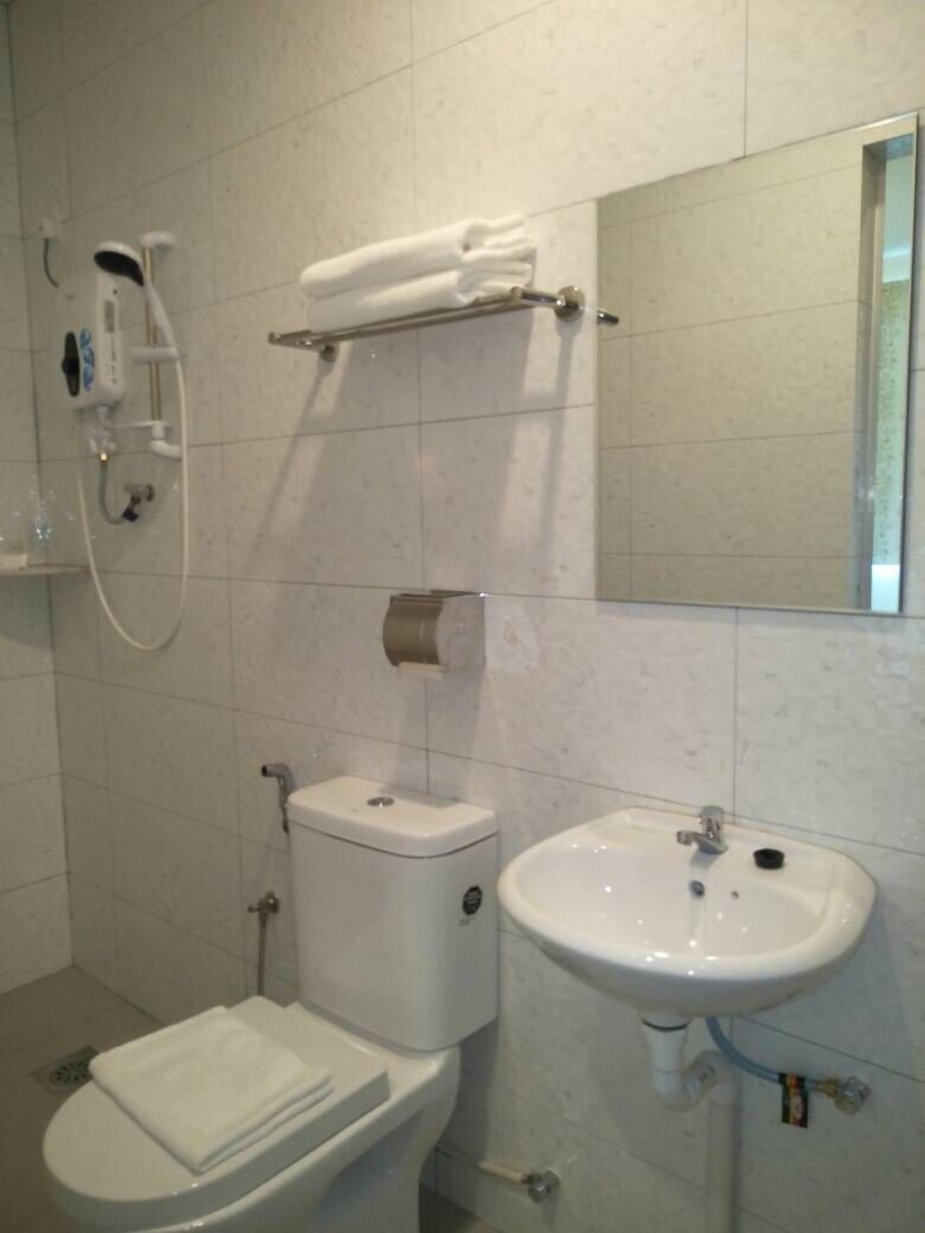 A bathroom with a toilet, sink, towel rack, and a shower head.