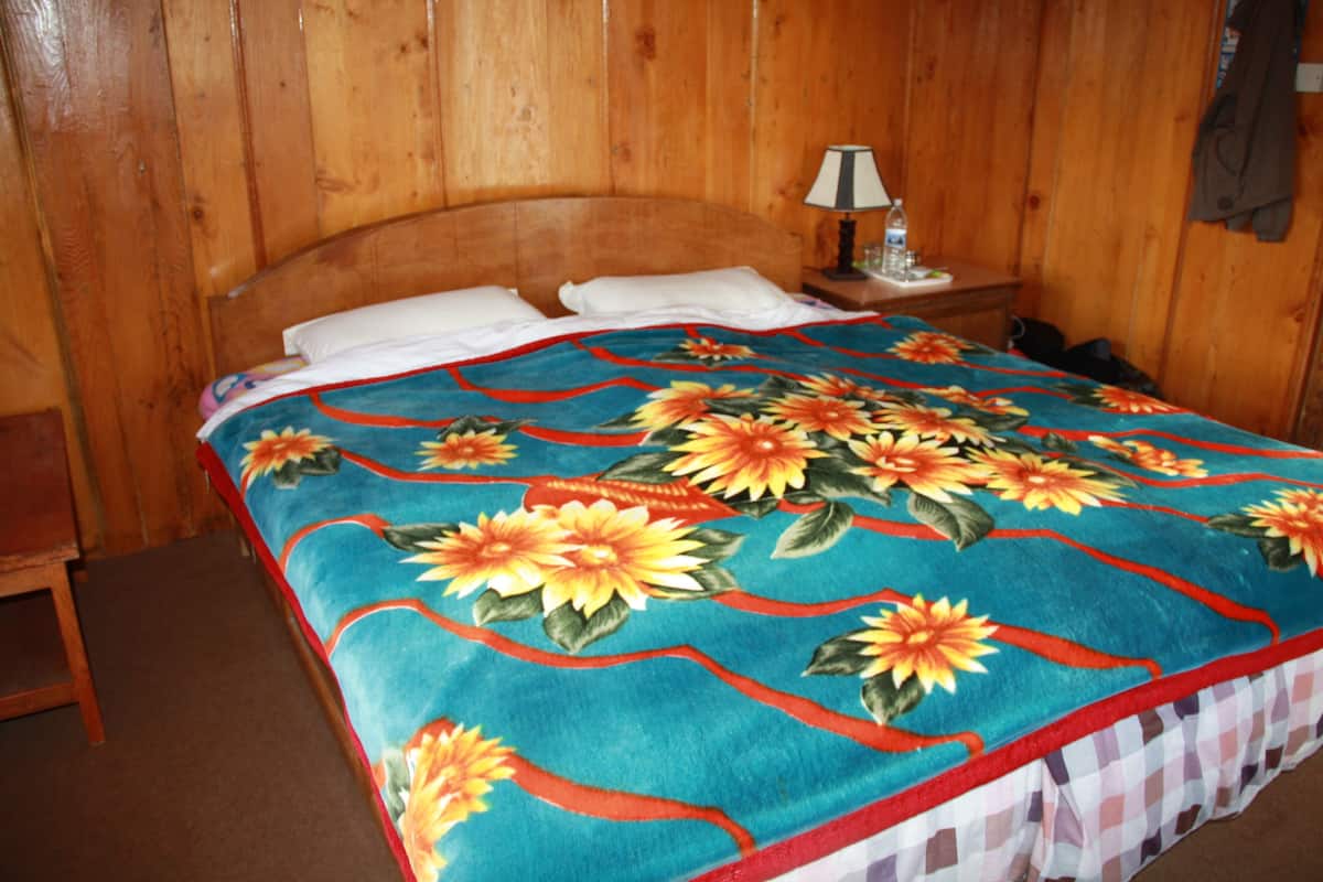A wooden-paneled room with a bed, a nightstand, and a lamp.