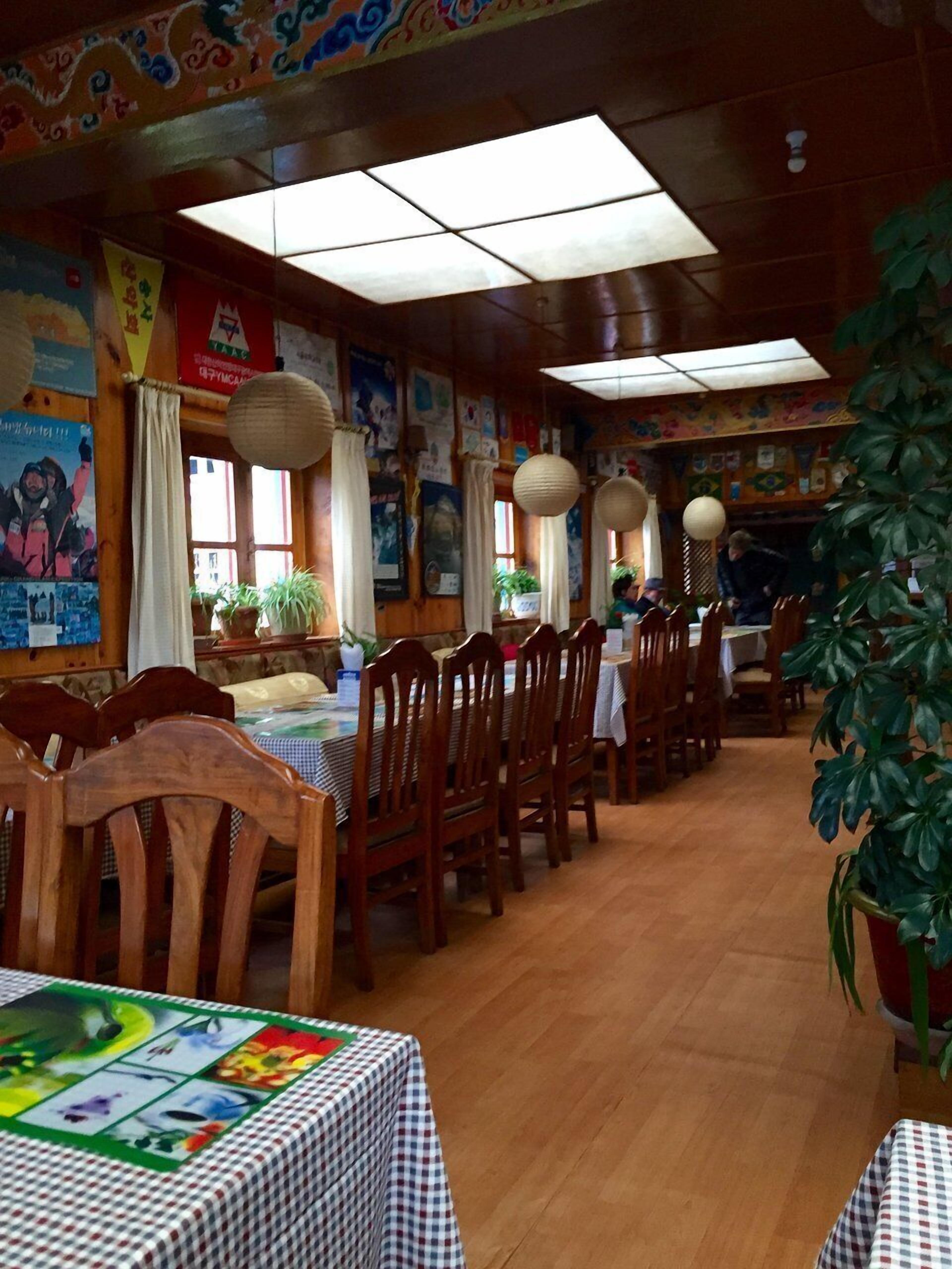 Un restaurante con mesas y sillas de madera, plantas en macetas y coloridas decoraciones en las paredes.