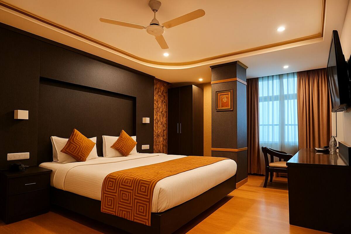 A modern hotel room with a large bed, a desk, a television, and a ceiling fan.