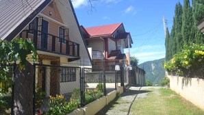 Un barrio residencial con casas, un camino de grava y una montaña al fondo.