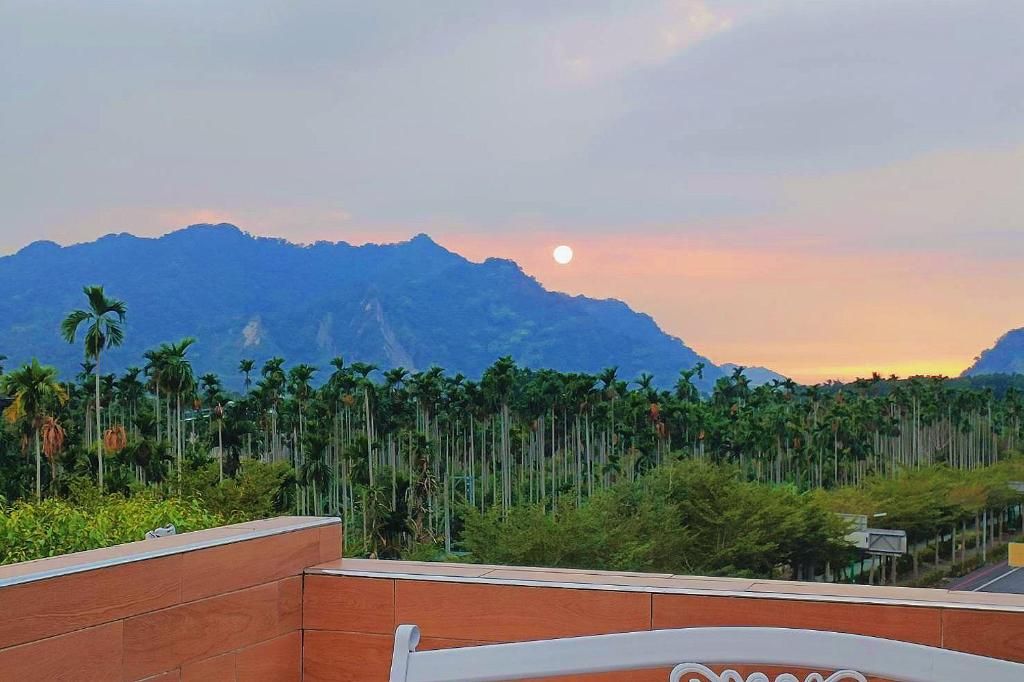 A view of a mountain range with a sunset and palm trees in the foreground.