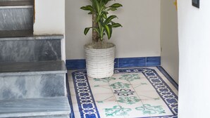 A staircase with a potted plant, a wall with star decorations, and a cactus. - zammu bed and breakfast (Castellammare del Golfo)