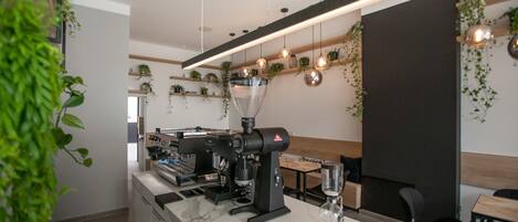 A modern coffee shop with a sleek barista station, hanging plants, and a minimalist design.