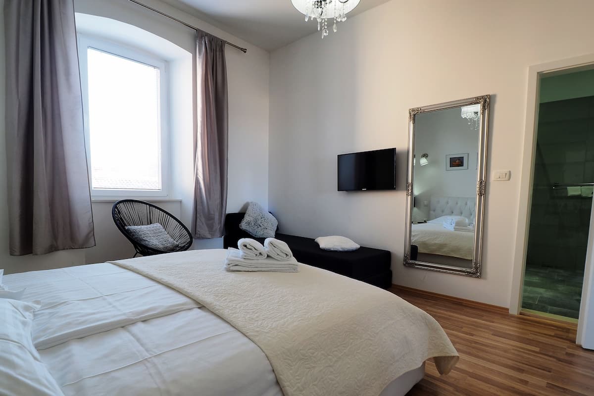 A hotel room with a large bed, a chair, a TV, a mirror, and a shower.