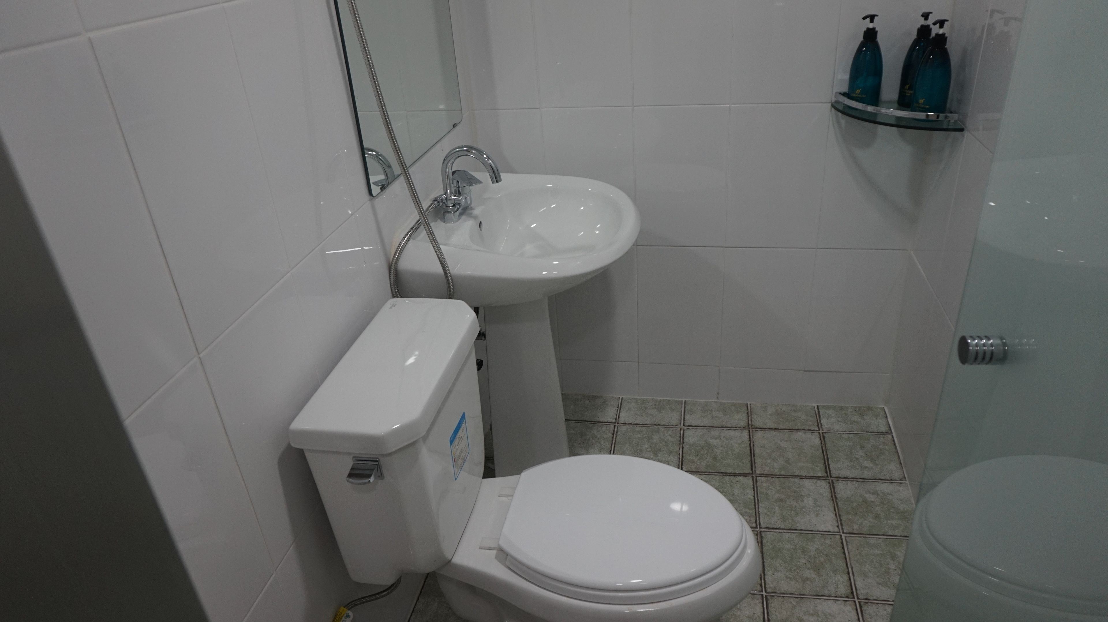 A small bathroom with a toilet, sink, and shower.