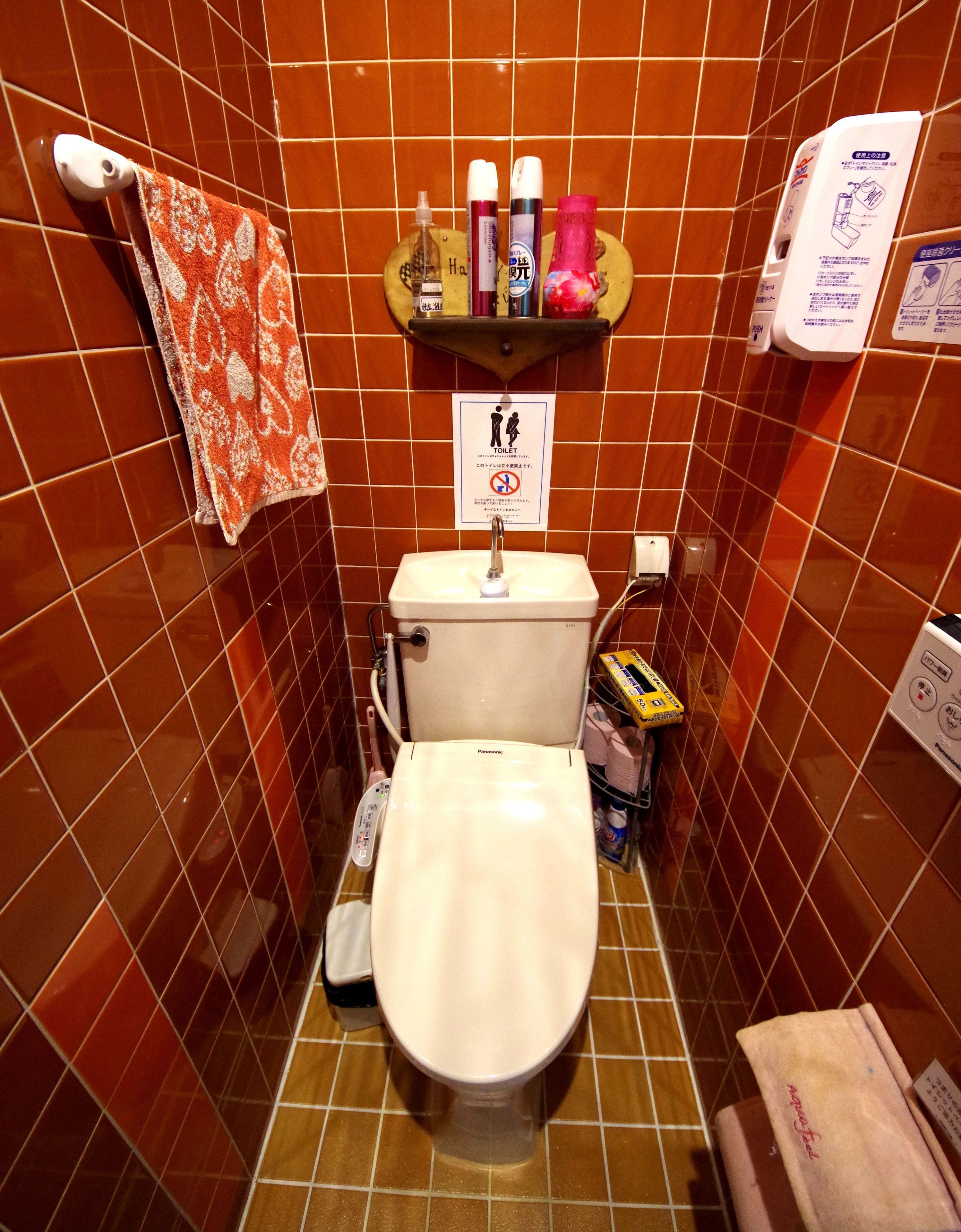 Een kleine badkamer met toilet, wastafel en een plank met toiletartikelen.