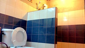 Un bagno con un water bianco, pareti piastrellate in blu e beige e una zona doccia visibile.