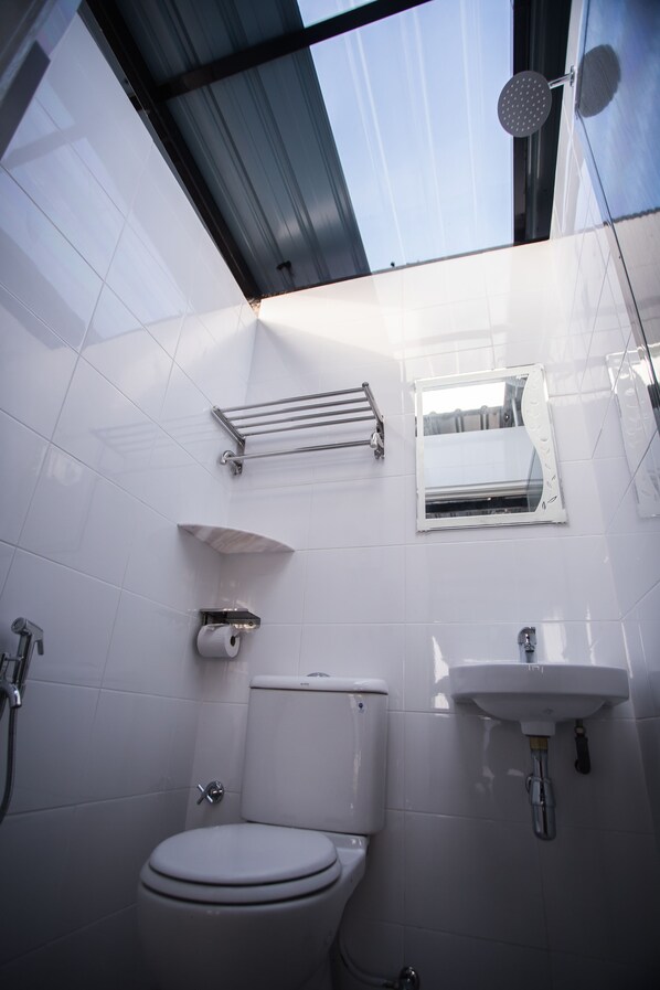 Un baño moderno con tragaluz, inodoro, lavamanos y ducha.