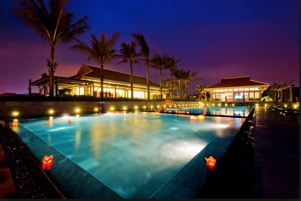 Outdoor pool, pool umbrellas, pool loungers