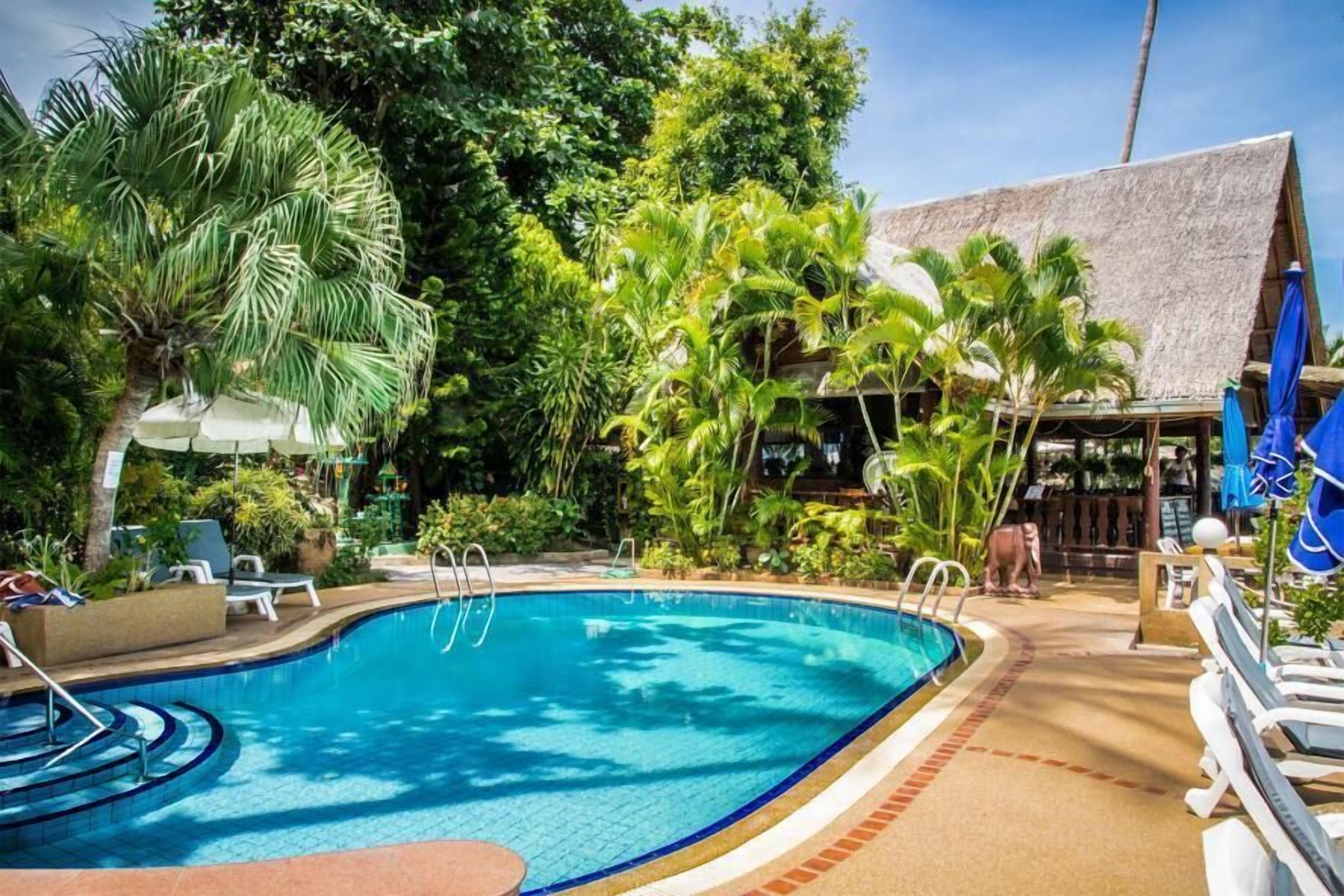 Outdoor pool, pool umbrellas, pool loungers