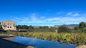 Zona de piscina con vista despejada a un edificio y viñedos al fondo.