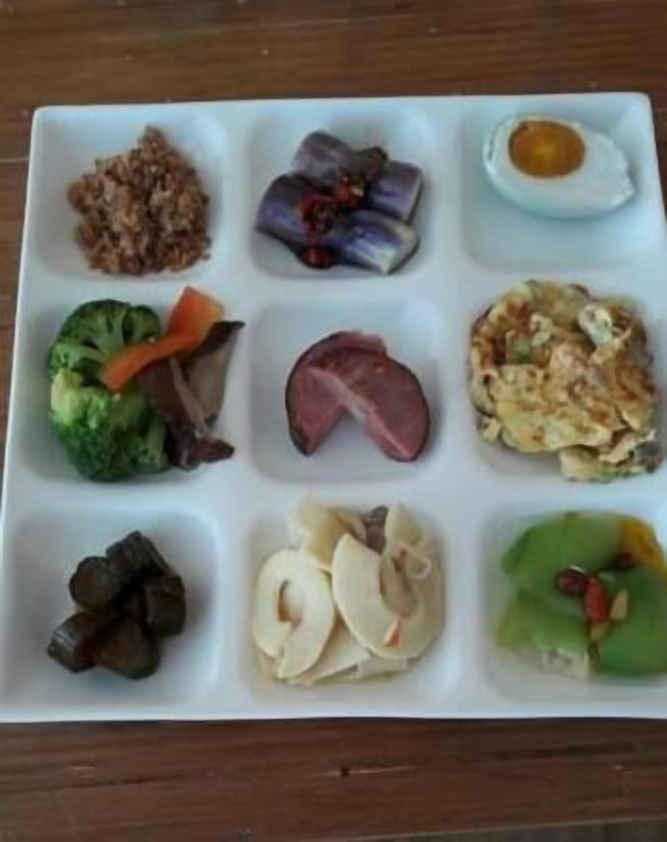 Une assiette rectangulaire blanche contenant divers aliments, notamment un morceau de viande, un légume et un œuf dur.