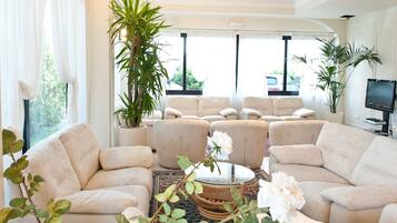 32-inch flat-screen TV with satellite channels, TV