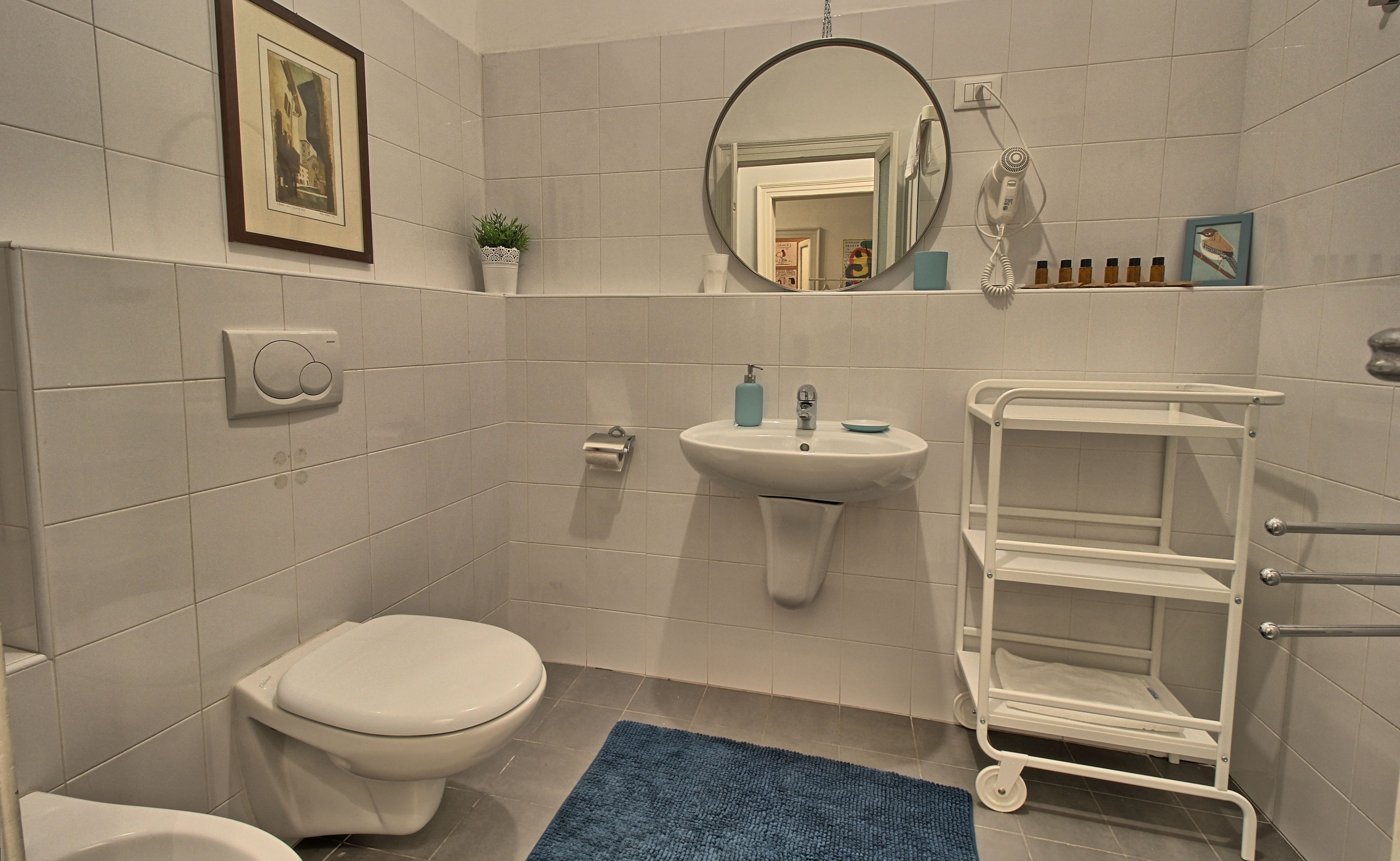 A bathroom with a toilet, sink, mirror, and a shelf with toiletries.