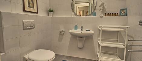 A bathroom with a toilet, sink, mirror, and a shelf with toiletries.